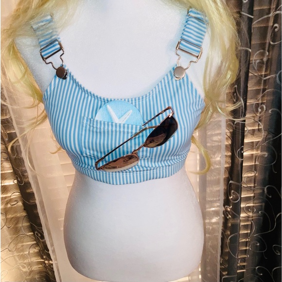 Bikini TOP WITH SUSPENDERS & POCKET!! Tiffany Blue Striped Silver hardware Lg - Picture 12 of 13